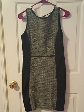 LOFT Black and Gray Tweed Panel Midi Sheath Dress